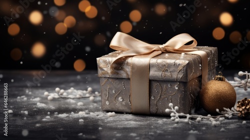 Photo of a beautifully wrapped present with a festive Christmas ornament and a bow created with Generative AI technology