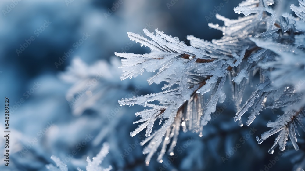 Pine tree branches are covered with frost, nature winter natural dark background, snow-covered coniferous needles close-up, soft focus, bokeh and copy space