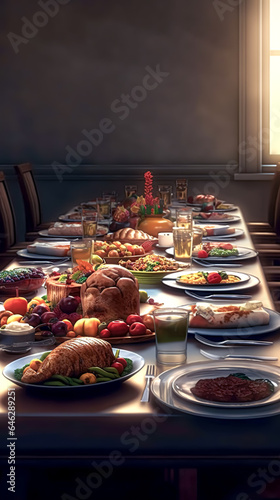 Traditional Thanksgiving dinner on a set table, generative AI.