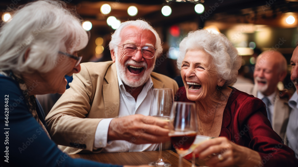 Group of senior friends laughing and drinking wine at a restaurant. Group of senior friends laughing and drinking wine at a restaurant.