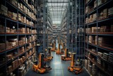 A massive warehouse with towering shelves and forklifts. Generative AI
