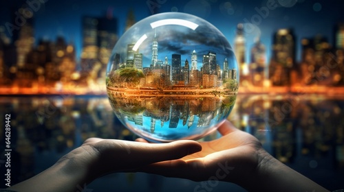 Capture a visionary picture of a glass globe floating above a bustling city powered entirely by renewable energy sources, showcasing the potential of urban sustainability