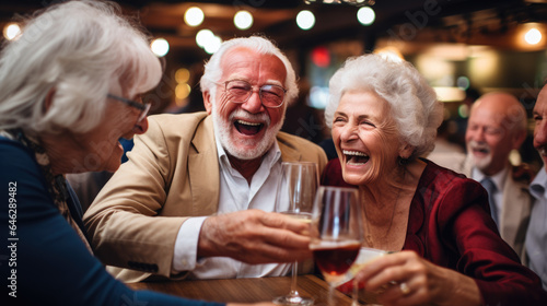 Group of senior friends laughing and drinking wine at a restaurant.