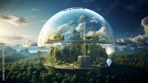 Capture a visionary picture of a glass globe encased in a translucent eco-dome, with renewable energy installations thriving inside, symbolizing self-contained sustainability