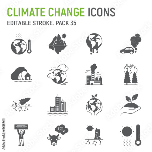 Climate change glyph icon set, ecology collection, vector graphics, logo illustrations, ecological vector icons, eco symbols signs, solid pictograms, editable stroke
