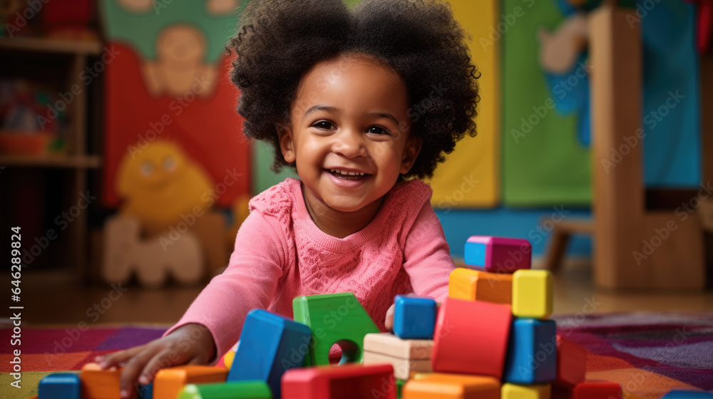 Fototapeta premium African American toddler playing with colorful wooden block toys