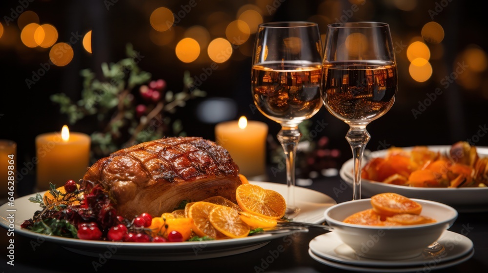 roll baked on the grill with vegetables and herbs on a platter. festive table setting against the backdrop of illumination. roll baked on the grill with vegetables and herbs on a platter. festive table setting against the backdrop of illumination.