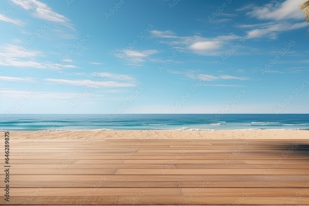 Wooden deck floor on the background of the sea and blue sky background. Generative AI.