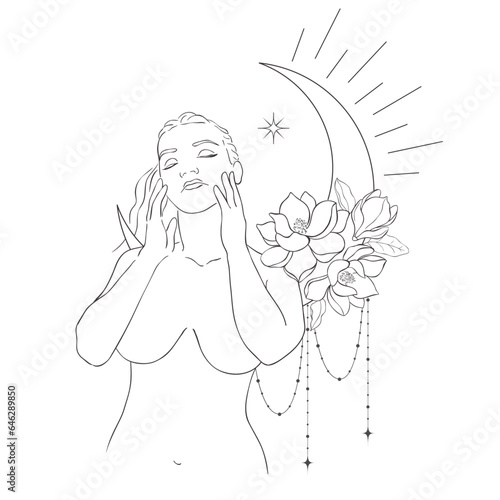 Line Art Pretty Women with Moon and Flowers. Vector Illustration.