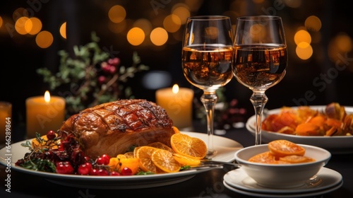 roll baked on the grill with vegetables and herbs on a platter. festive table setting against the backdrop of illumination. 