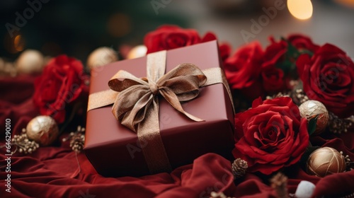 Photo of a beautifully wrapped gift box with a festive red bow and ribbon created with Generative AI technology © AI Visual Vault