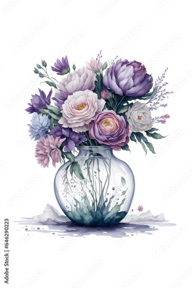 Vase of flowers clipart white background scattered water color, scattered watercolor, has shadow, there are random pastel colors on each flower, AI generative image