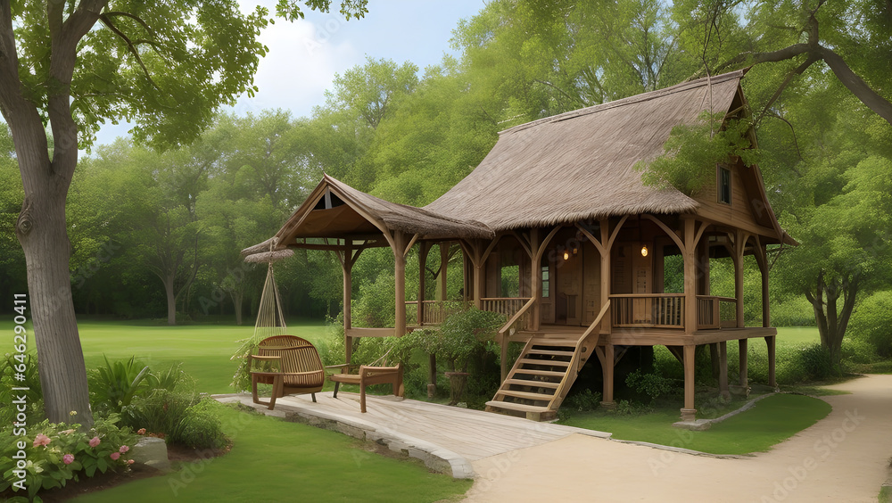 A small wooden cabin with a thatched roof .Generative AI illustration A small wooden cabin with a thatched roof .Generative AI illustration