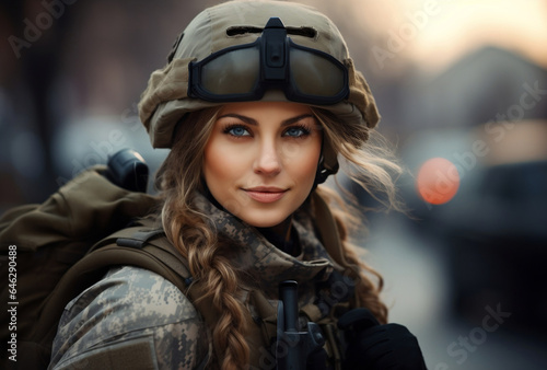 Young American female soldier outdoors looking at the camera confidently. AI Generated Images © mohammad