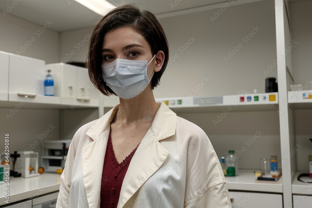 Woman doctor or laboratory assistant in mask in a medical research laboratory with equipment and drugs. Generative AI Woman doctor or laboratory assistant in mask in a medical research laboratory with equipment and drugs. Generative AI