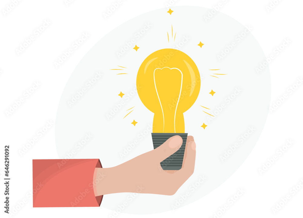 Human hand holding light bulb, finding ideas, solution or answer, startup, brainstorming, creativity concept, flat vector illustration Human hand holding light bulb, finding ideas, solution or answer, startup, brainstorming, creativity concept, flat vector illustration