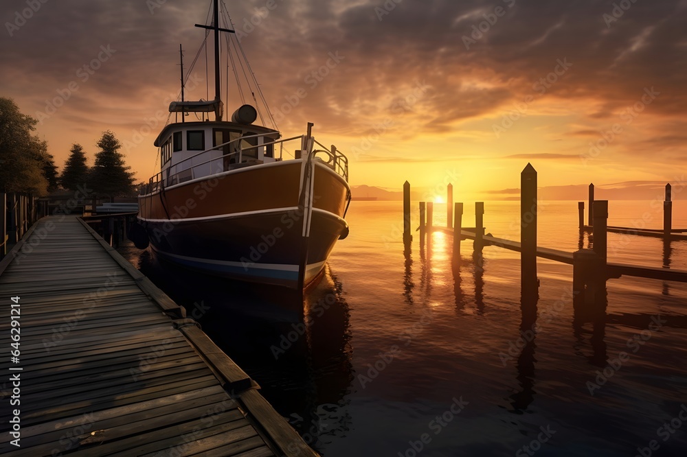 Fishing boat on the pier at sunrise. Beautiful summer landscape