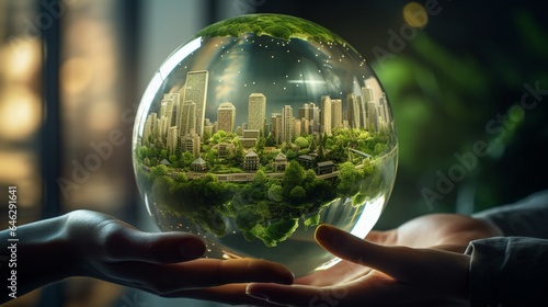 Capture an image of a glass globe with a holographic projection of a sustainable city of the future, showcasing green architecture and transportation