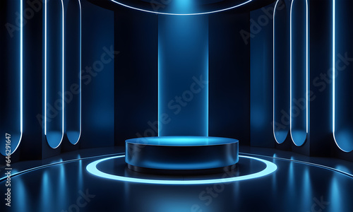 Abstract realistic 3d blue cylinder pedestal podium with Sci-fi dark blue abstract room with semi circle glowing neon lighting scene. Vector rendering product display presentation. AI generative.