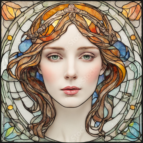 art nouveau stained glass female head