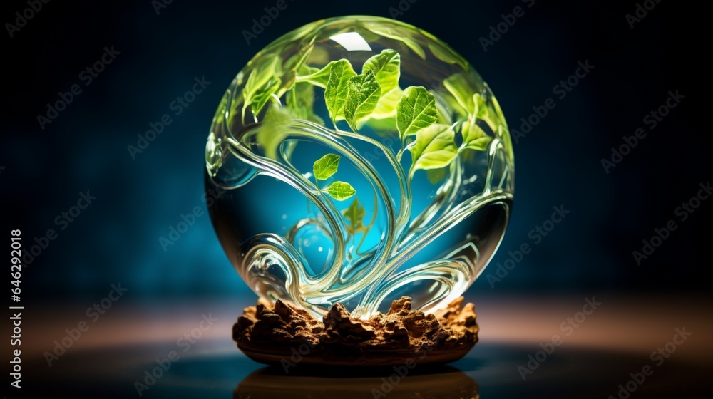 Capture an image of a glass globe with intricate, fractal-like patterns formed by swirling leaves and water droplets, symbolizing the natural origins of renewable energy