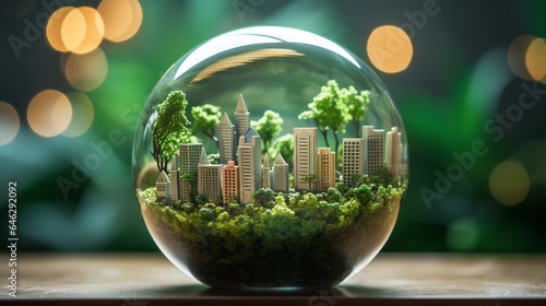 Capture an image of a glass globe with a tiny model of a green city inside it, demonstrating the integration of sustainable practices in urban planning