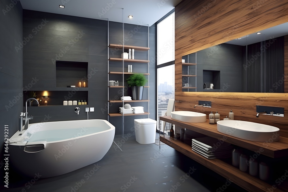 Interior of modern bathroom with black and wooden walls Interior of modern bathroom with black and wooden walls