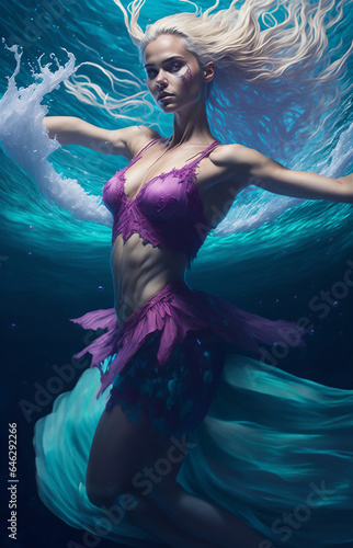 Beautiful balerina with pose in the water. The girl in a beautiful dress under water.