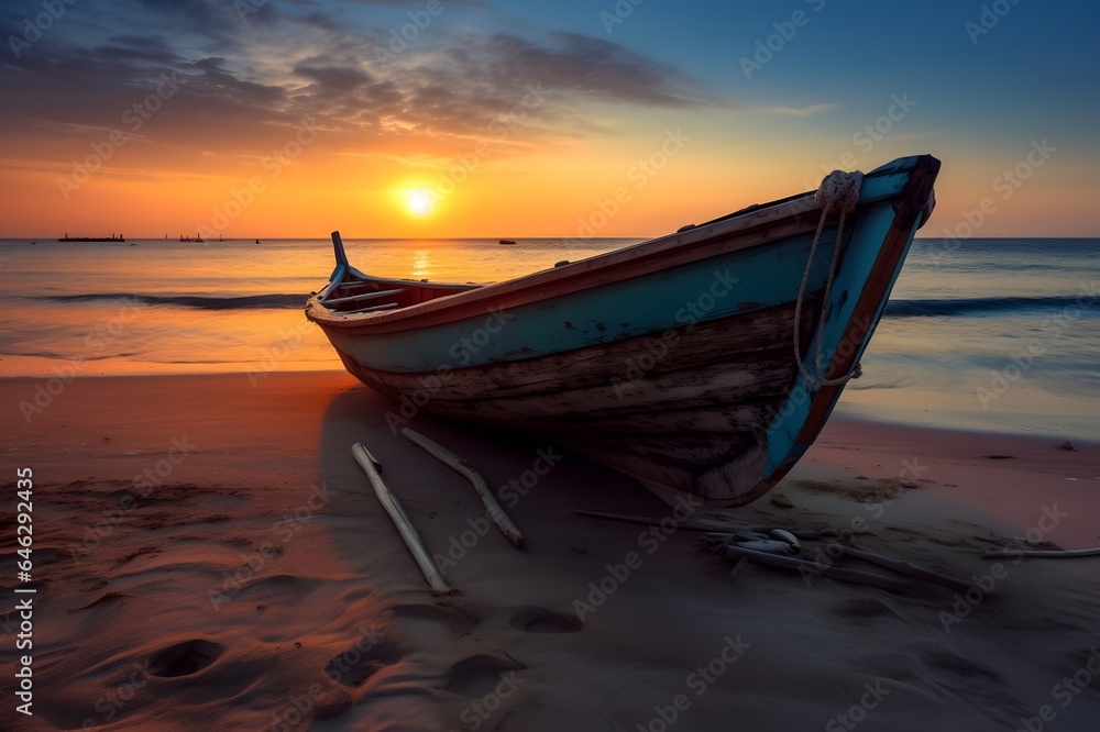A boat on the beach at sunset