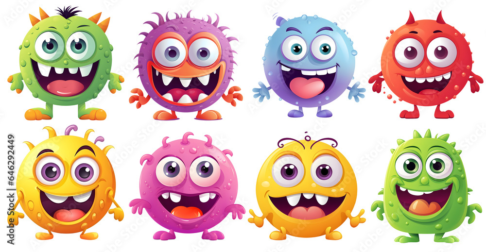 set of funny cartoon monsters on transparent isolated background, generated ai