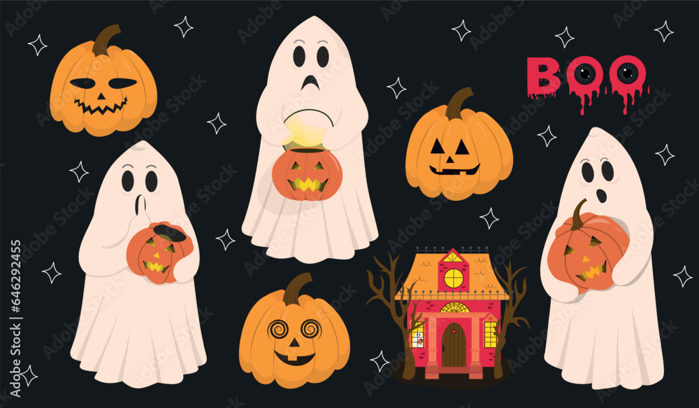 Halloween set of ghosts and pumpkins. Hand drawn collection. Vector illustration. Halloween set of ghosts and pumpkins. Hand drawn collection. Vector illustration.