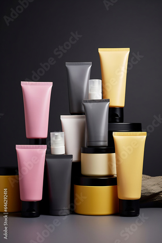 Wallpaper Mural Body skincare set with minimal background and shadow. Different cosmetics products have subtle color variations. Yellow and brown, dark white and light magenta. Cosmetic product presentation Torontodigital.ca