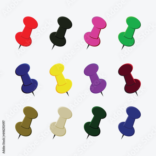 set of push pins isolated on white background pin, thumbtack, pushpin, push, office, red, paper, board, object, tack, clip, blue, business, note, attach, plastic, tool, thumb, icon, vector, illustrati