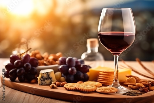 Tasting cheese dish on a plate. Food for wine and romantic date, cheese delicatessen with copy space. Red wine