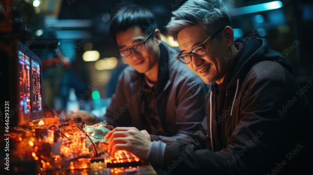 Senior Asian men ensuring server functionality in a data center. Generative AI Senior Asian men ensuring server functionality in a data center. Generative AI