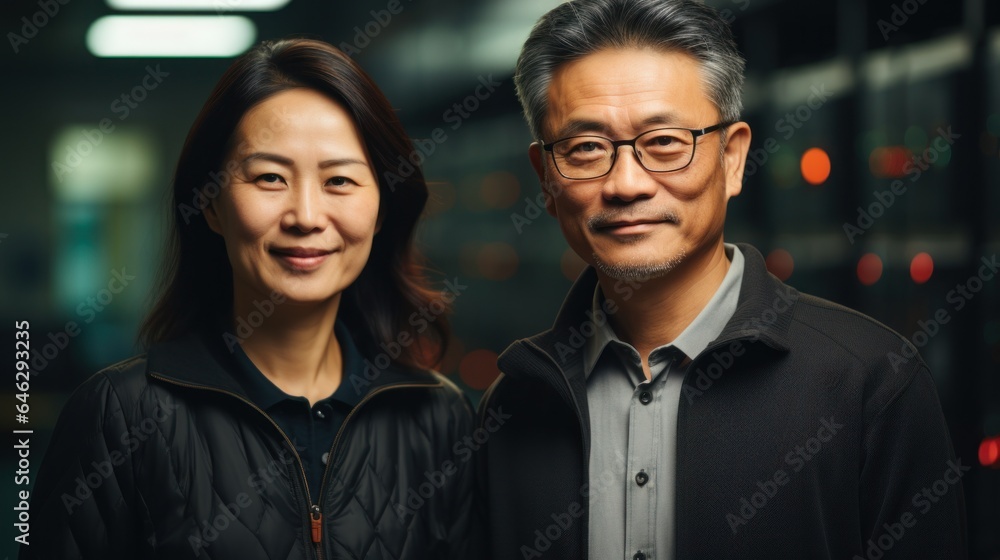 Portrait of older Asian men overseeing computers in a data room. Generative AI Portrait of older Asian men overseeing computers in a data room. Generative AI