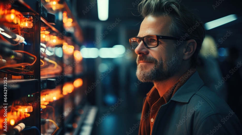 Mature men working together with servers in a data center setting. Generative AI Mature men working together with servers in a data center setting. Generative AI
