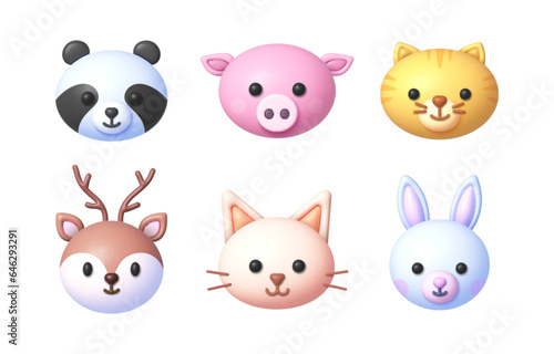 Animals 3d set. Emoji icon. Funny little animals. Vector 3d illustration set