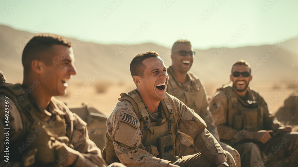 military enjoying in the desert - obrazy, fototapety, plakaty 