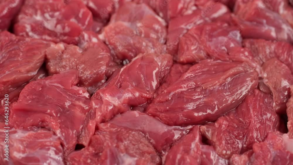 Zoom frame chopped raw beef meat top view, rotation Zoom frame chopped raw beef meat top view, rotation