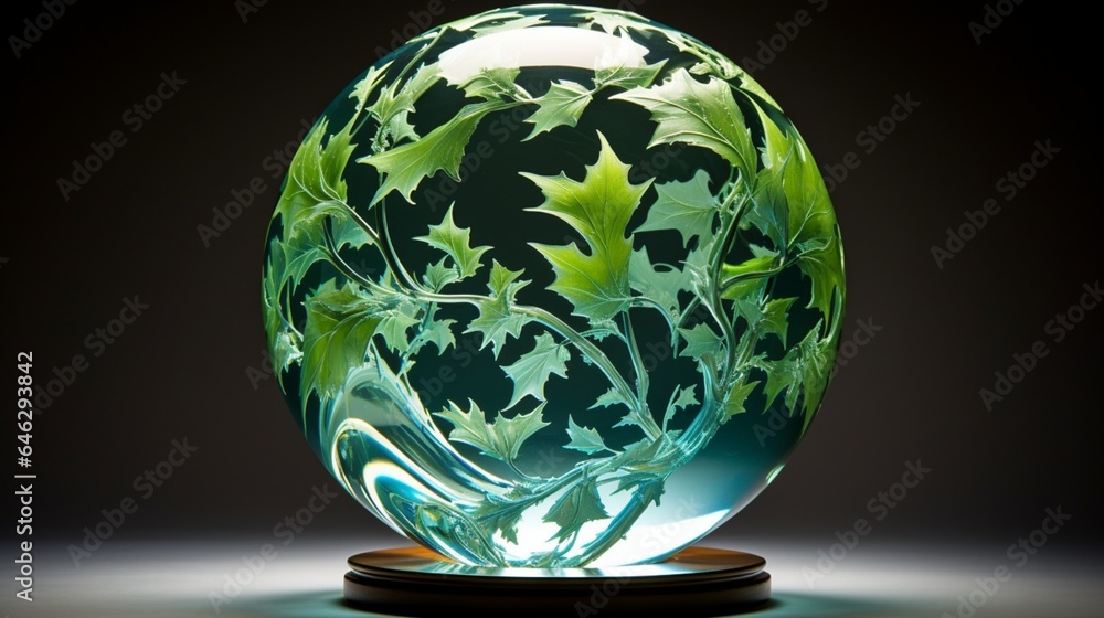 Capture an image of a glass globe with intricate, fractal-like patterns formed by swirling leaves and water droplets, symbolizing the natural origins of renewable energy Capture an image of a glass globe with intricate, fractal-like patterns formed by swirling leaves and water droplets, symbolizing the natural origins of renewable energy