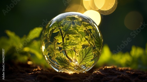Capture an image of a glass globe with intricate, fractal-like patterns formed by swirling leaves and water droplets, symbolizing the natural origins of renewable energy