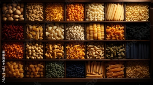 Different types of pasta. Top view image. food background