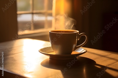 Cup of coffee on a wooden table near the window