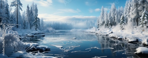 the winter serene lake reflects the snow-covered trees standing around. calm winter scene. 