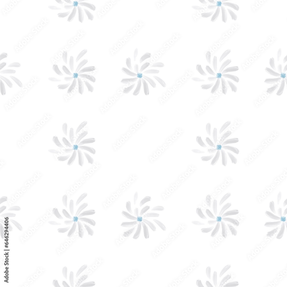 Seamless bright floral pattern. Chamomile. Simple blue, grey flowers. White background. Designed for textile fabrics, wrapping paper, background, wallpaper, cover. Seamless bright floral pattern. Chamomile. Simple blue, grey flowers. White background. Designed for textile fabrics, wrapping paper, background, wallpaper, cover.