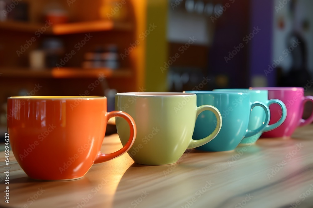 Colorful coffee cups on the table Colorful coffee cups on the table