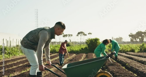 Soil, agriculture and people on farm with wheelbarrow for vegetables, produce harvest and crops. Agro business, sustainability and team of men and women in field for planting, landscaping and farming photo