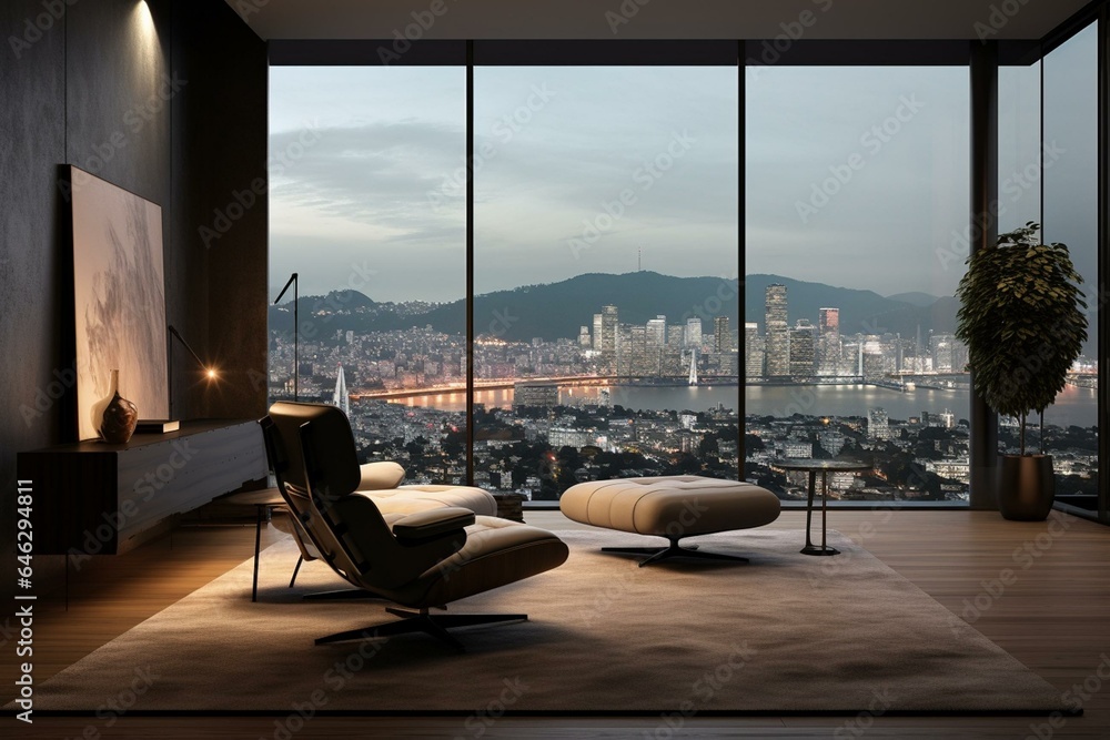 Contemporary room, elegant walls, large window with urban vista. Generative AI