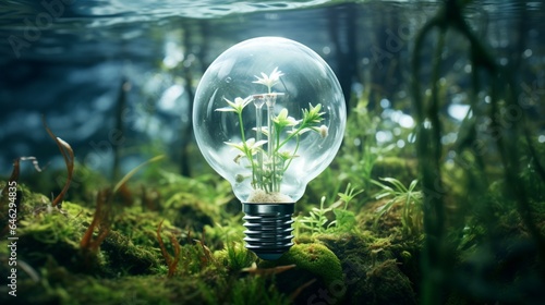 Compose an image of a light bulb filled with crystal-clear water and submerged aquatic plants, highlighting the idea of hydropower and its connection to the environment
